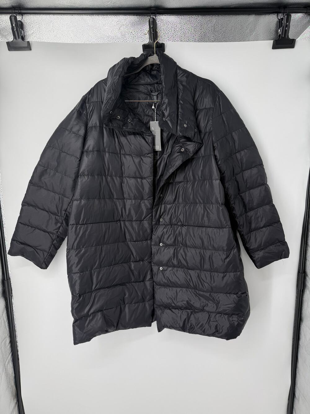 Eileen Fisher Standard Collar Cocoon Coat SZ 2X Black 80/20 Down Filled Minimal